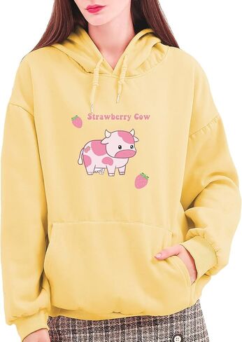 KEEVICI Women's Cartoon Cute Strawberry Cow Print Hoodie Aesthetic Clothes Cotton Long Sleeve Pullover with Pocket in Kuwait