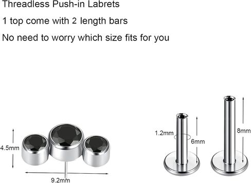 BelezaDosas G23 Titanium Labret Studs 16G Threadless Push-in Press Fit Cluster Tragus Helix Lobe Conch Rook Medusa Cartilage Monroe Push Back Earring Piercing Jewelry in Kuwait