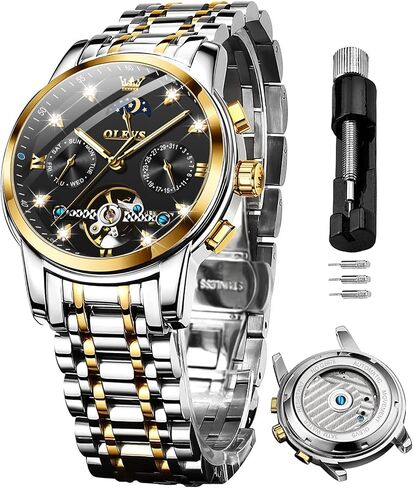 OLEVS Watches for Men Automatic Skeleton 5 Hands Mechanical Luxury Watch Classic Calendar Stainless Steel Waterproof Mens Wrist Watch in Kuwait
