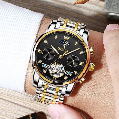 OLEVS Watches for Men Automatic Skeleton 5 Hands Mechanical Luxury Watch Classic Calendar Stainless Steel Waterproof Mens Wrist Watch in Kuwait