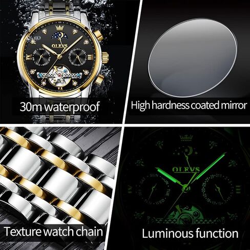 OLEVS Watches for Men Automatic Skeleton 5 Hands Mechanical Luxury Watch Classic Calendar Stainless Steel Waterproof Mens Wrist Watch in Kuwait