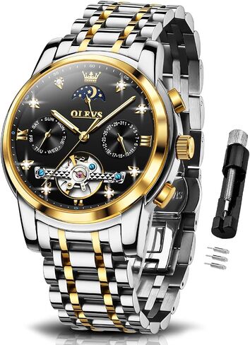 OLEVS Watches for Men Automatic Skeleton 5 Hands Mechanical Luxury Watch Classic Calendar Stainless Steel Waterproof Mens Wrist Watch in Kuwait