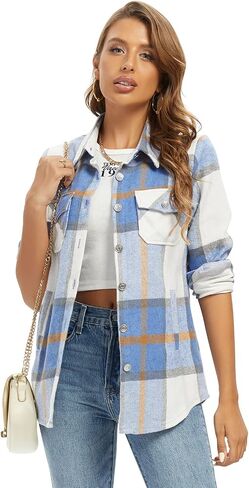 Aeslech Women's Flannel Plaid Shacket Jacket Fashion Button Down Long Sleeve Casual Shirt Shackets Fall Clothes for Women in Kuwait