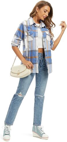 Aeslech Women's Flannel Plaid Shacket Jacket Fashion Button Down Long Sleeve Casual Shirt Shackets Fall Clothes for Women in Kuwait