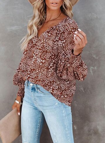 بلوزات حريمي من miduo بأكمام طويلة ورقبة على شكل حرف V مطبوع عليها زهور وبلوزات كاجوال فضفاضة in Kuwait