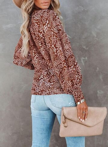 بلوزات حريمي من miduo بأكمام طويلة ورقبة على شكل حرف V مطبوع عليها زهور وبلوزات كاجوال فضفاضة in Kuwait