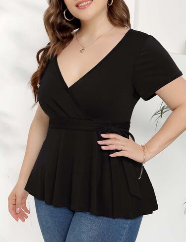 بلوزة نسائية Agmibrelr مقاس كبير بأكمام واسعة ورقبة على شكل حرف V عميقة وجذابة وبلوزة متأرجحة in Kuwait