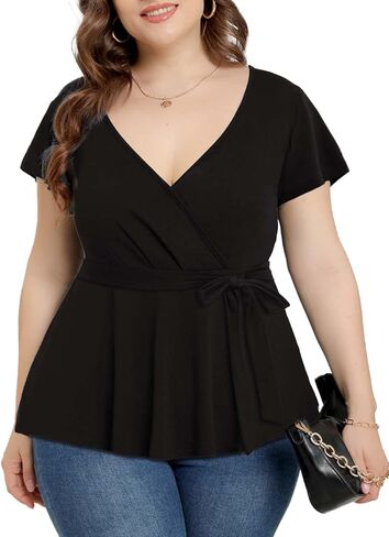 بلوزة نسائية Agmibrelr مقاس كبير بأكمام واسعة ورقبة على شكل حرف V عميقة وجذابة وبلوزة متأرجحة in Kuwait