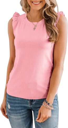 تي شيرت نسائي صيفي بأكمام مكشكشة من Doshoop تي شيرت كاجوال بياقة دائرية ومضلع ومتماسك بدون أكمام in Kuwait