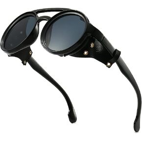 نظارات شمسية GYsnail Make the World Clear Round Premium Steampunk للرجال مع جانب جلدي، حماية من الأشعة فوق البنفسجية 400 HD Punk Sungalss in Kuwait