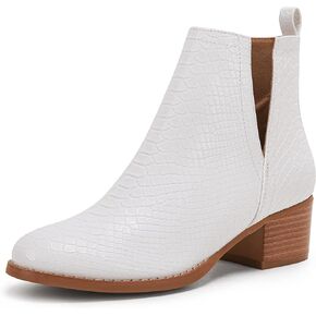 LAICIGO Women's V Cut Ankle Booties Low Stacked Heel Closed Toe Perforated Slipon Faux Leather Western Boots
