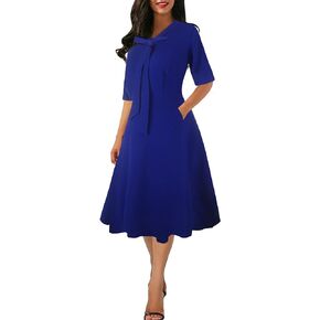 oxiuly Women's Vintage Bow Tie V-Neck Pockets Casual Work Party Cocktail Swing A-line Dresses OX278