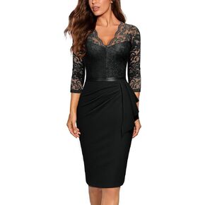 Miusol Women's Retro V Neck Floral Lace Ruffle Style Cocktail Party Dress