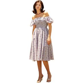 R.Vivimos Womens Summer Floral Print Puff Sleeves Vintage Ruffles Midi Dress