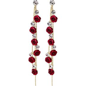 Just Follow 3D Rose Flower Crystal Long Tassel Drop Earrings for Women CZ Rhinestone Rose Fashion Purple Red Long Tassel Dangle Earrings Weddings Party Jewelry Accessories Gift in Saudi Arabia
