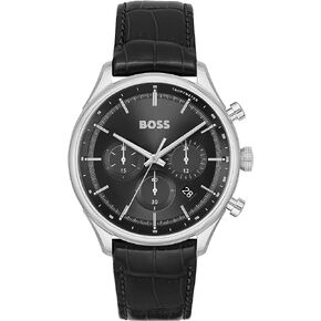 BOSS Gregor Men's Chronograph Stainless Steel Case and Crocodile Grained Leather Watch, Color: Black (Model: 1514049)