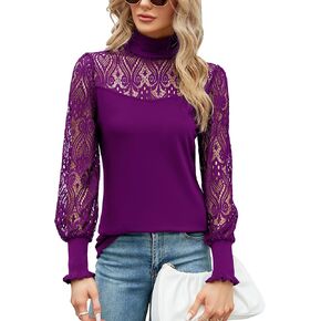 ZHENWEI المرأة عادية الدانتيل بلوزة طويلة الأكمام الياقة المدورة تمتد سليم تي شيرت الكروشيه الدانتيل بلوزة تونك القمم in Kuwait