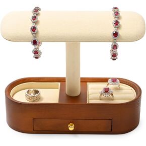 Woodten الخشب الصلب T-Bar ساعة عرض موقف للنساء الرجال المجوهرات عرض الدعائم منظم المجوهرات الوقوف مع حامل درج لساعة سوار خواتم أزرار الأكمام (أسود)