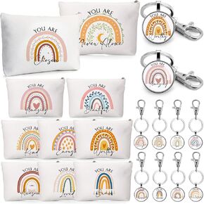 60 Pcs Inspirational Rainbow Cosmetic Bags Rainbow Keychains Set, 30 Motivational Canvas Cosmetic Bags Bulk Encouragement Makeup Bag Purse Pouch 30 Thank You Keychains for Women Teacher Appreciation
