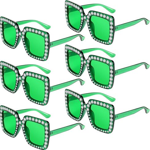 Ecally 6 Pcs St. Patrick's Day Green Square Rhinestone Sunglasses Oversized Crystal Sunglasses Glitter Diamond Bling Glasses Retro Thick Frame Sunglasses for Women Men Costume Party Gift in Saudi Arabia