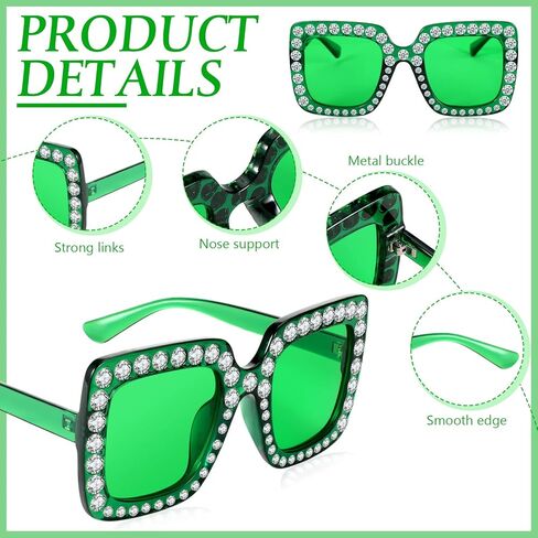 Ecally 6 Pcs St. Patrick's Day Green Square Rhinestone Sunglasses Oversized Crystal Sunglasses Glitter Diamond Bling Glasses Retro Thick Frame Sunglasses for Women Men Costume Party Gift in Saudi Arabia