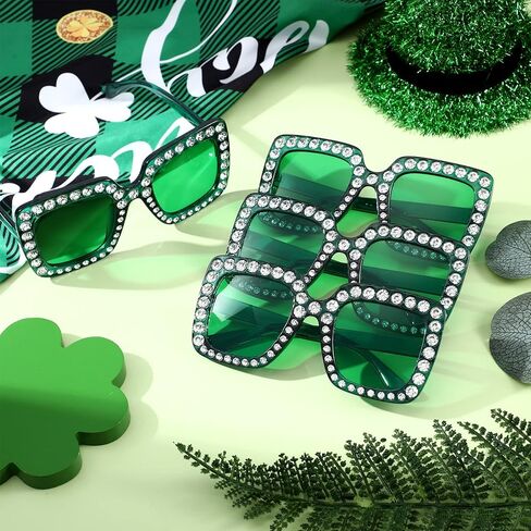 Ecally 6 Pcs St. Patrick's Day Green Square Rhinestone Sunglasses Oversized Crystal Sunglasses Glitter Diamond Bling Glasses Retro Thick Frame Sunglasses for Women Men Costume Party Gift in Saudi Arabia