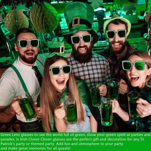 Ecally 6 Pcs St. Patrick's Day Green Square Rhinestone Sunglasses Oversized Crystal Sunglasses Glitter Diamond Bling Glasses Retro Thick Frame Sunglasses for Women Men Costume Party Gift in Saudi Arabia