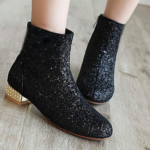 MAVMAX Sequin Low Heeled Ankle Boots Women Sparkly Glitter Block Heel Booties in Kuwait