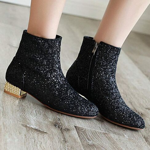 MAVMAX Sequin Low Heeled Ankle Boots Women Sparkly Glitter Block Heel Booties in Kuwait