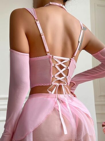 Cozyease Women's 7 Piece Chain Detail Mesh Underwire Lace Up Mid Rise High Support Lingerie Set With Oversleeves in Saudi Arabia