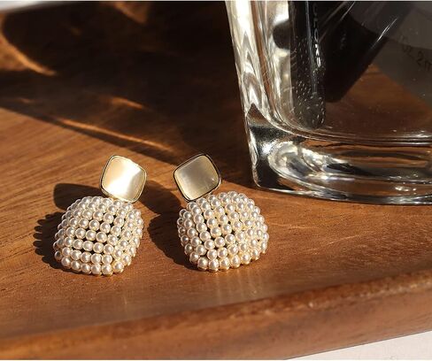 Sonateomber Gold Pearl Dangle Earrings for Women Girls Big Statement Chunky Geometric Drop Dangly earrings Wedding Prom Fashion Jewelry Gift in Saudi Arabia