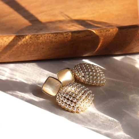 Sonateomber Gold Pearl Dangle Earrings for Women Girls Big Statement Chunky Geometric Drop Dangly earrings Wedding Prom Fashion Jewelry Gift in Saudi Arabia