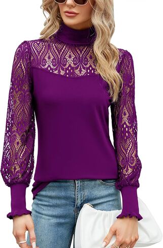 ZHENWEI المرأة عادية الدانتيل بلوزة طويلة الأكمام الياقة المدورة تمتد سليم تي شيرت الكروشيه الدانتيل بلوزة تونك القمم in Kuwait
