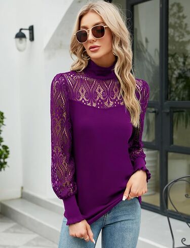 ZHENWEI المرأة عادية الدانتيل بلوزة طويلة الأكمام الياقة المدورة تمتد سليم تي شيرت الكروشيه الدانتيل بلوزة تونك القمم in Kuwait