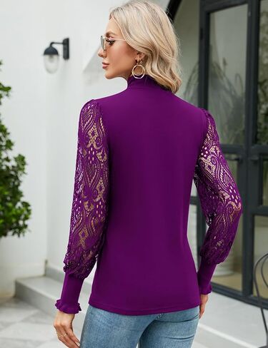 ZHENWEI المرأة عادية الدانتيل بلوزة طويلة الأكمام الياقة المدورة تمتد سليم تي شيرت الكروشيه الدانتيل بلوزة تونك القمم in Kuwait