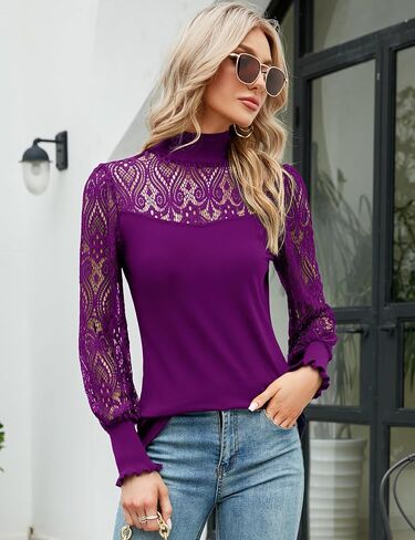 ZHENWEI المرأة عادية الدانتيل بلوزة طويلة الأكمام الياقة المدورة تمتد سليم تي شيرت الكروشيه الدانتيل بلوزة تونك القمم in Kuwait