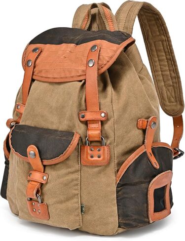 Tapa Canvas Backpack | Vintage Backpack | Large Canvas Backpack with Genuine Leather Accents | For Laptop - Retro Backpack (Brown) in Kuwait
