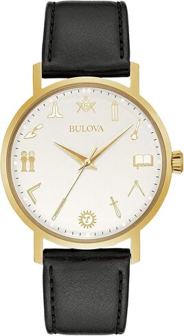 Bulova Men's Masonic Gold Tone with Black Leather Strap 3-Hand Quartz Watch Style: 97A149 in Saudi Arabia