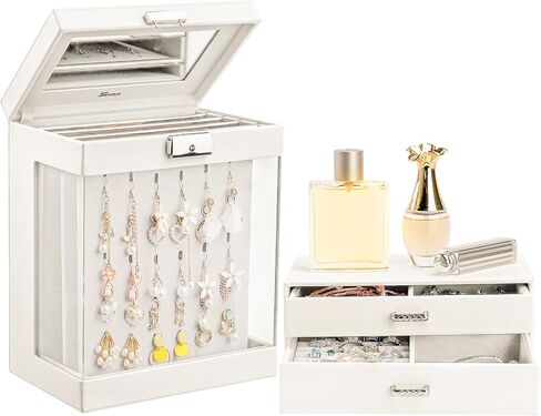 هومدي صندوقان للمجوهرات: صندوق عرض مجوهرات وحافظة مجوهرات من طبقتين للقلائد والاقراط والخواتم والاساور هدايا للنساء والفتيات in Kuwait