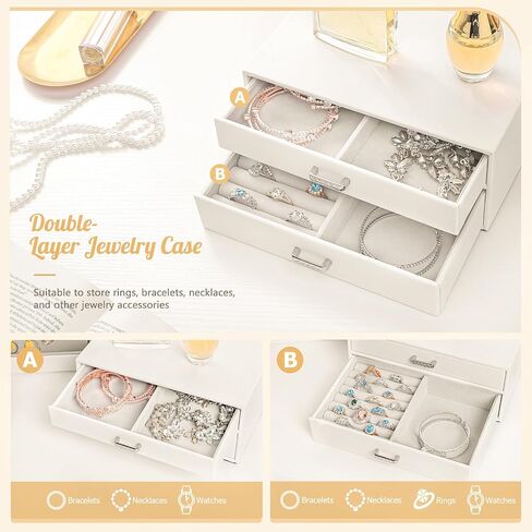 هومدي صندوقان للمجوهرات: صندوق عرض مجوهرات وحافظة مجوهرات من طبقتين للقلائد والاقراط والخواتم والاساور هدايا للنساء والفتيات in Kuwait