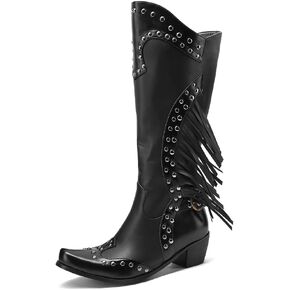 Tscoyuki Women's Studded Western Mid Calf Boots, Pointed Toe Pull Up Chunky Heel Cowboy Cowgirl Distressed Boot