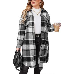 IN'VOLAND Womens Plus Size Flannel Plaid Shirts Long Sleeve Lounge Lapel Boyfriend Button Down Tartan Long Jacket Coats in Kuwait