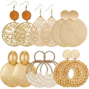 6 أزواج من الأقراط الخشبية الدائرية العتيقة ذات الشكل الهندسي الدائري من بوهو، أقراط دائرية مجوفة من الروطان مصنوعة يدويًا، مجوهرات كبيرة خفيفة الوزن مناسبة للنساء والفتيات in Kuwait