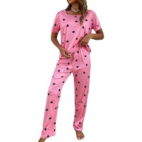 WDIRARA Women's Sleepwear 2 Piece Pajamas Heart Print Short Sleeve Tee and Pants Lounge Set in Kuwait