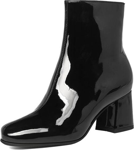 Elbslutt Women's Chunky Heeled Booties Patent Leather Square Toe Ankle Boots Zip Up Block Heel Wide Calf Short Boots in Kuwait
