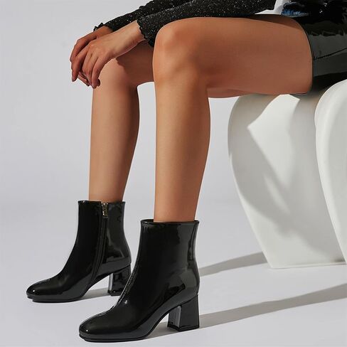 Elbslutt Women's Chunky Heeled Booties Patent Leather Square Toe Ankle Boots Zip Up Block Heel Wide Calf Short Boots in Kuwait