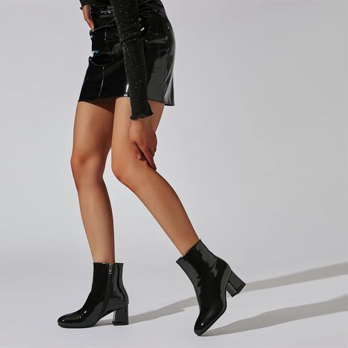 Elbslutt Women's Chunky Heeled Booties Patent Leather Square Toe Ankle Boots Zip Up Block Heel Wide Calf Short Boots in Kuwait