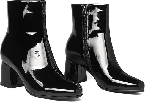 Elbslutt Women's Chunky Heeled Booties Patent Leather Square Toe Ankle Boots Zip Up Block Heel Wide Calf Short Boots in Kuwait