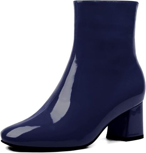 Elbslutt Women's Chunky Heeled Booties Patent Leather Square Toe Ankle Boots Zip Up Block Heel Wide Calf Short Boots in Kuwait