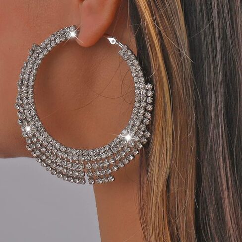 Large Rhinestone Hoop Earrings Big Round Circle Earrings Tassel Chain Dangle Earrings Statement Earrings for Women Girls（Gold） in Saudi Arabia